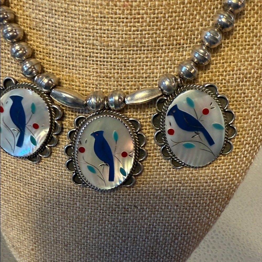 Sterling Silver 9.25 Beaded Necklace with Blue Birds. Vintage 16 inches - Picture 3 of 8